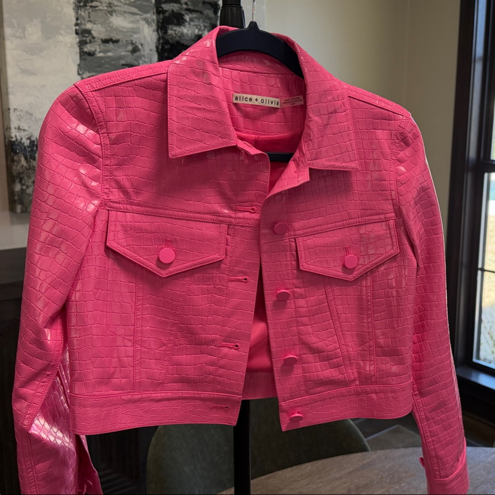 Alice + Olivia Hot Pink Croc-Embossed Leather Jacket